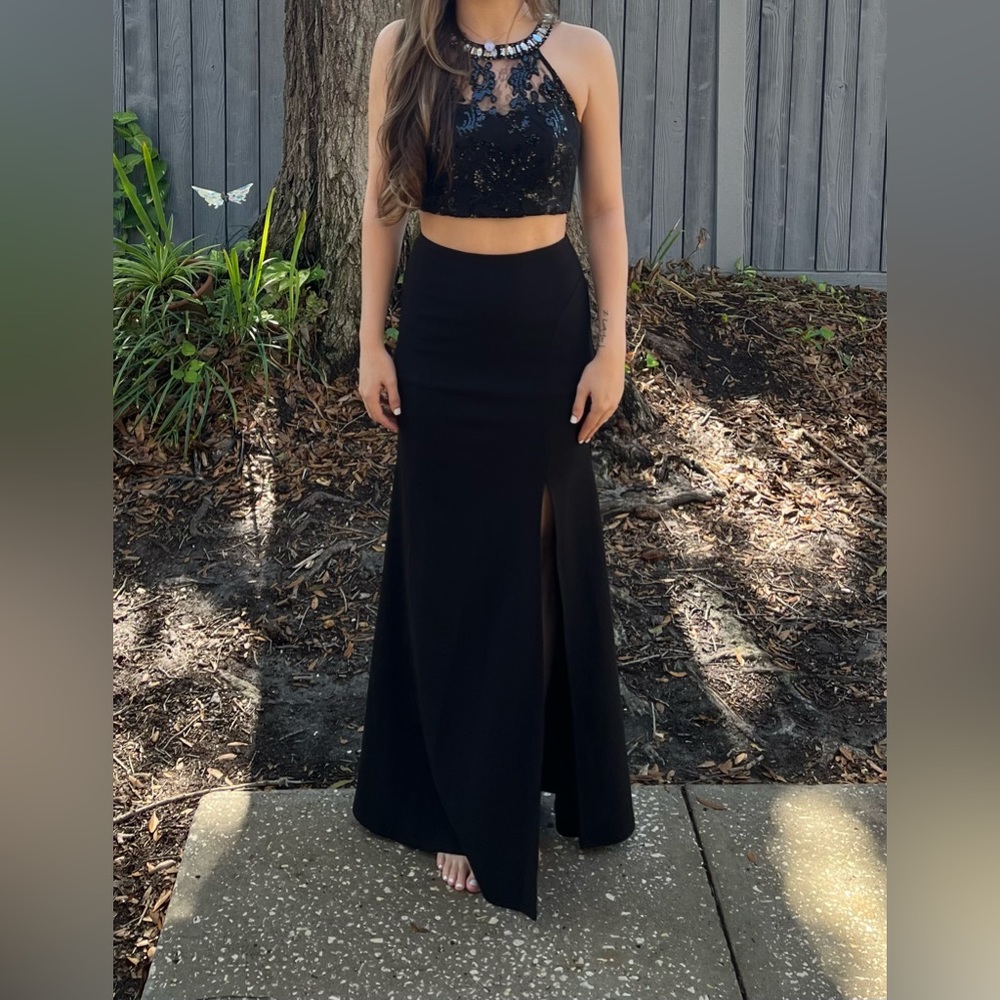 Two piece black sequin hearts dress. Size 5